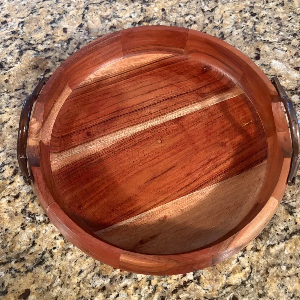 VTG Acacia Wood Serving‎ Tray Bronze Metal Handles Rustic Farmhouse Centerpiece